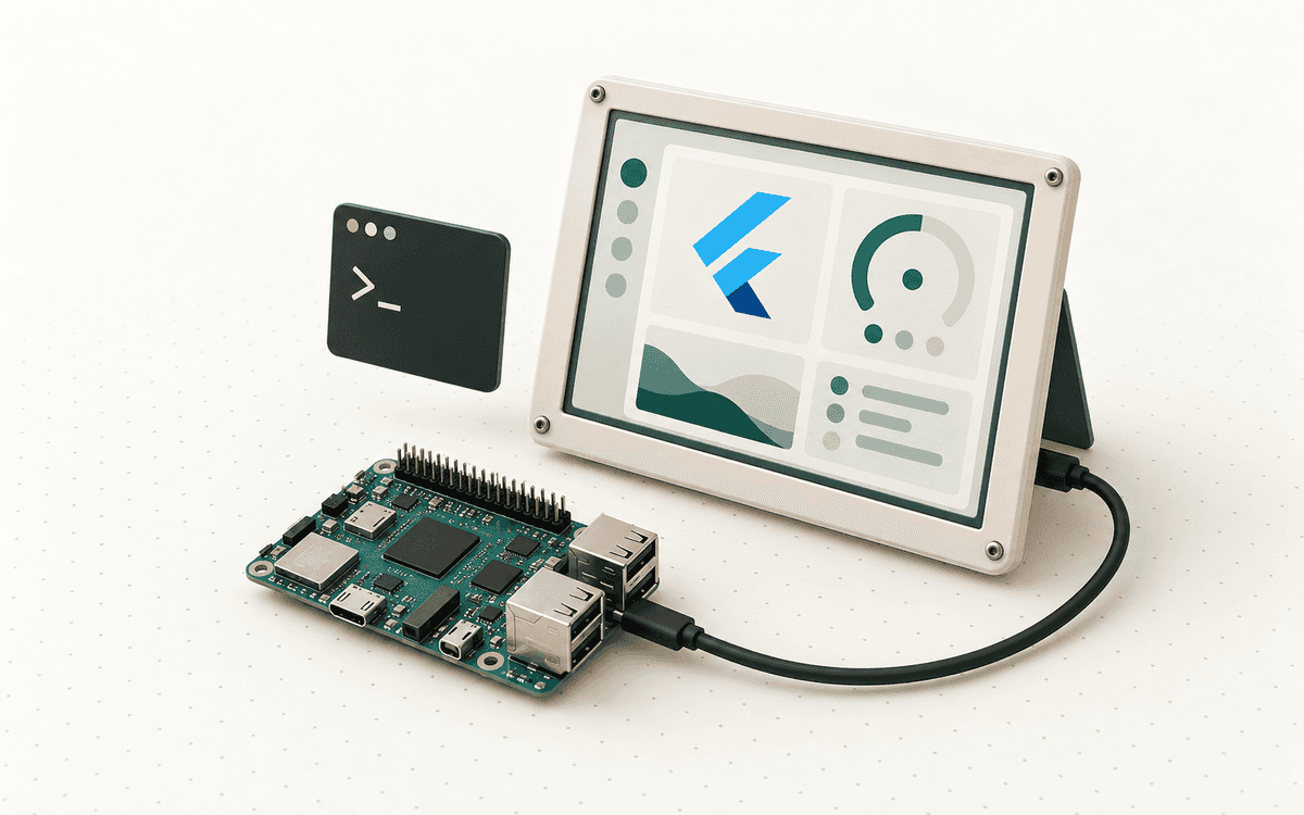 Conceptual illustration of a Flutter dashboard running on a display connected to a small Linux development board.