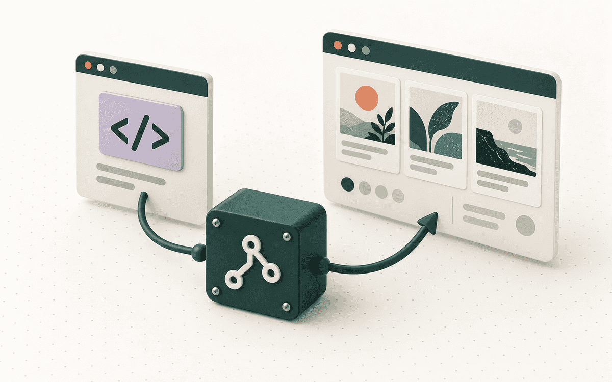 Illustration of a code window connected through a Git repository to a published blog.