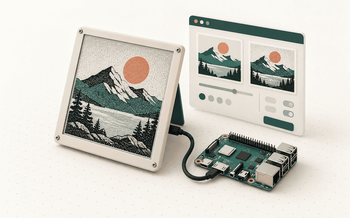 Illustration of an e-paper display with a dithered landscape, a photo-processing interface, and a connected single-board computer.